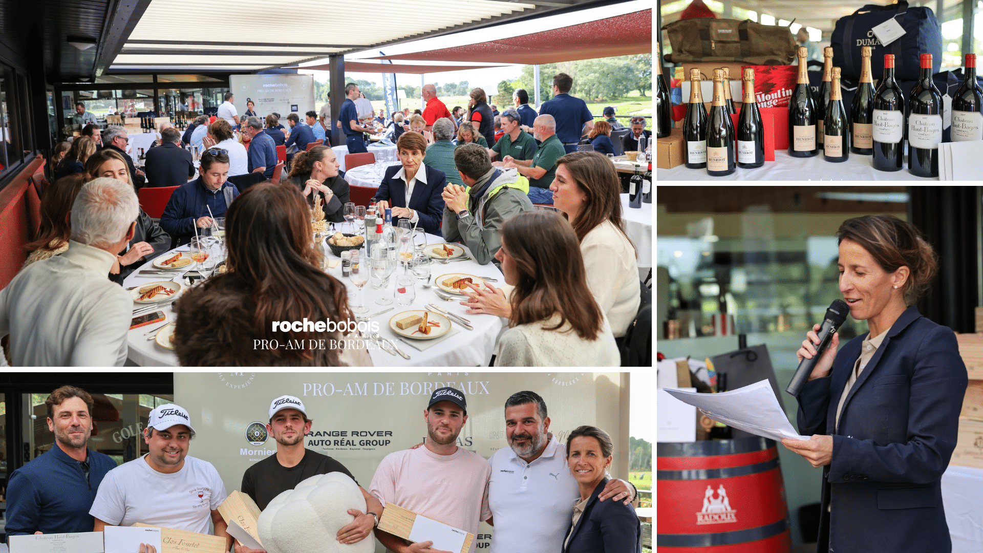 femme qui tient un discours, table avec des lots, groupe de vainqueurs, déjeuner