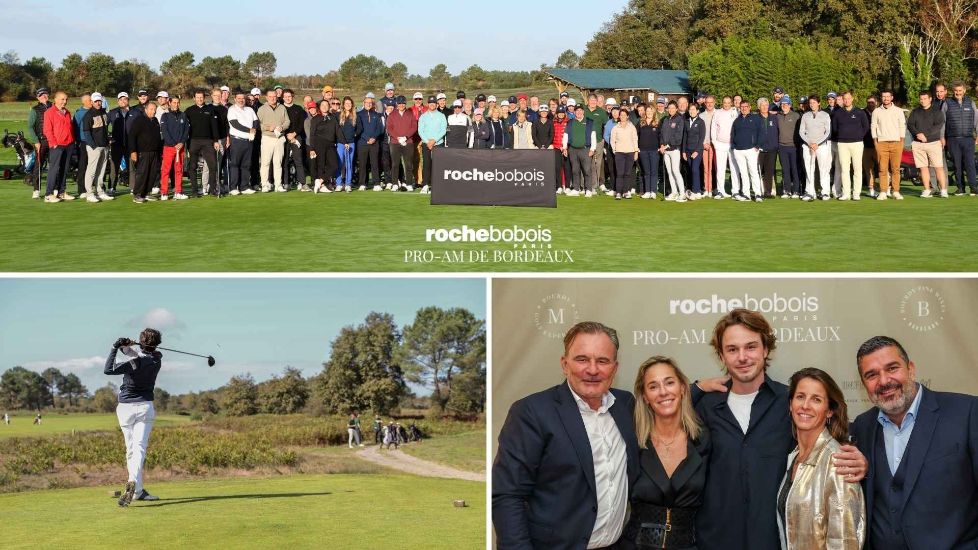 Groupe de dirigeants qui posent, tous les golfeurs de la compétition, golfeur professionnel qui fait un swing